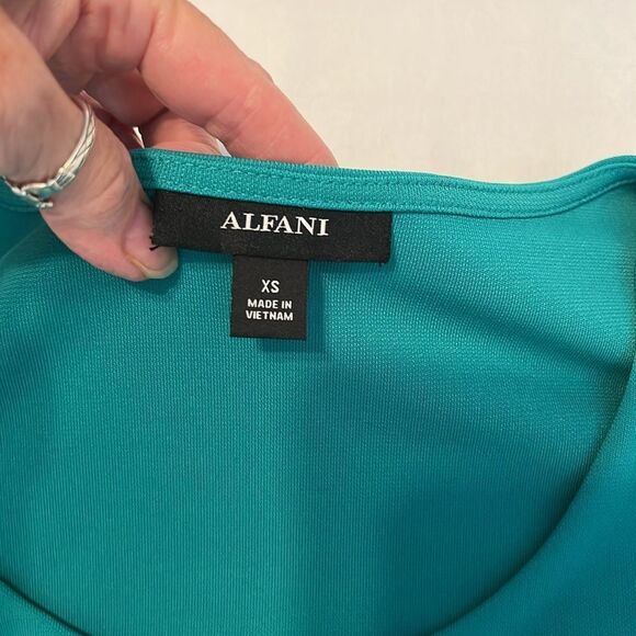 Alfani szXS elegant teal faux wrap drape front longer in back sleeveless dress - Picture 7 of 10